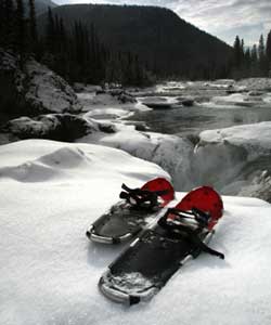 snowshoes by stream